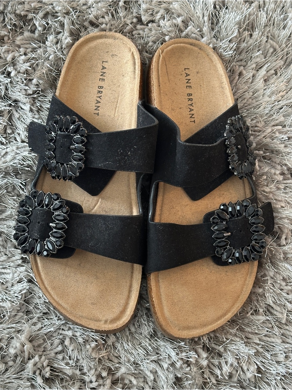 Lane Bryant Buckle Double-Strap Jeweled Slide Sandals, Black, Sz 7W